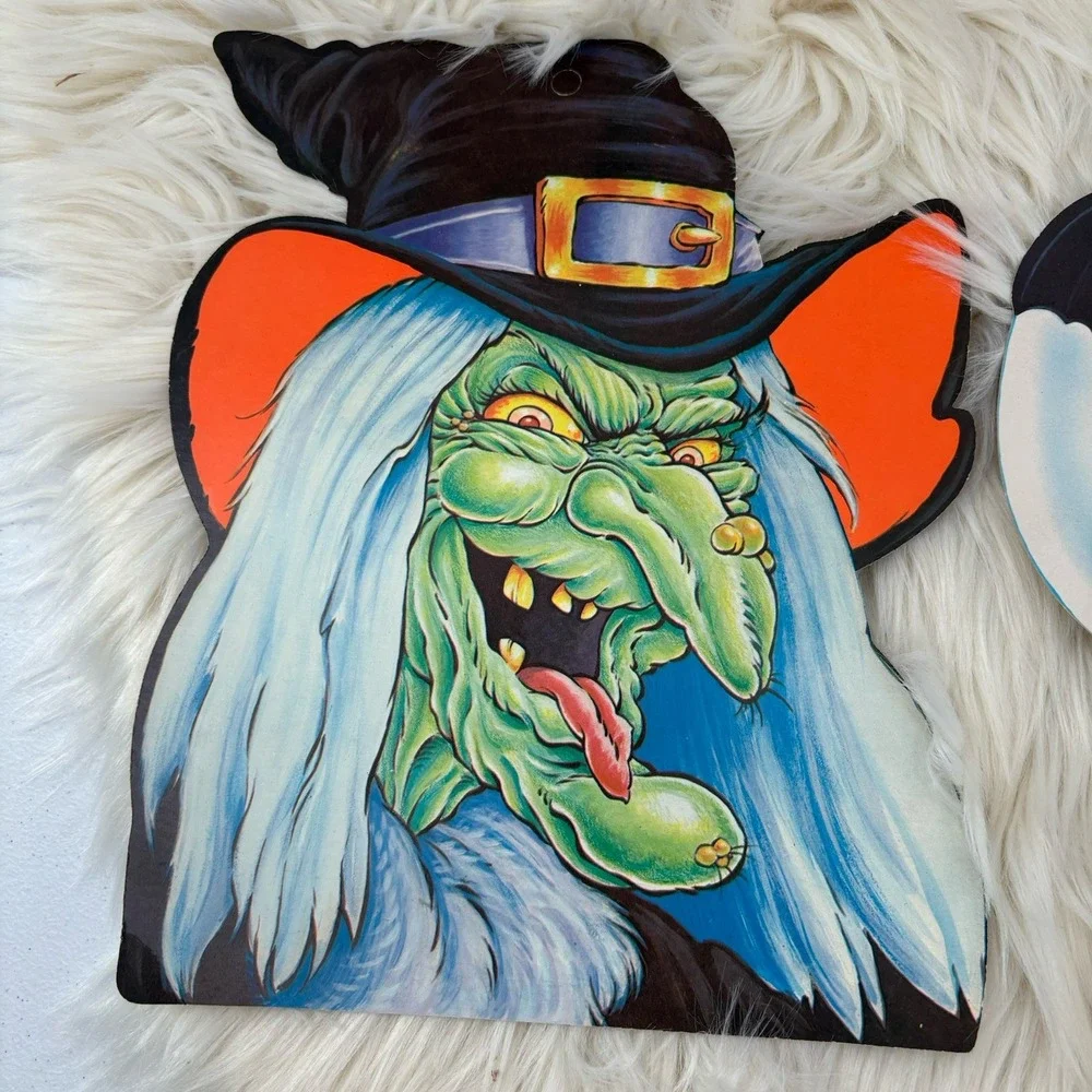 VTG Die Cut Wall Hanging Halloween Decoration 2-Sided Retro 80s Witch‎ Pumpkin